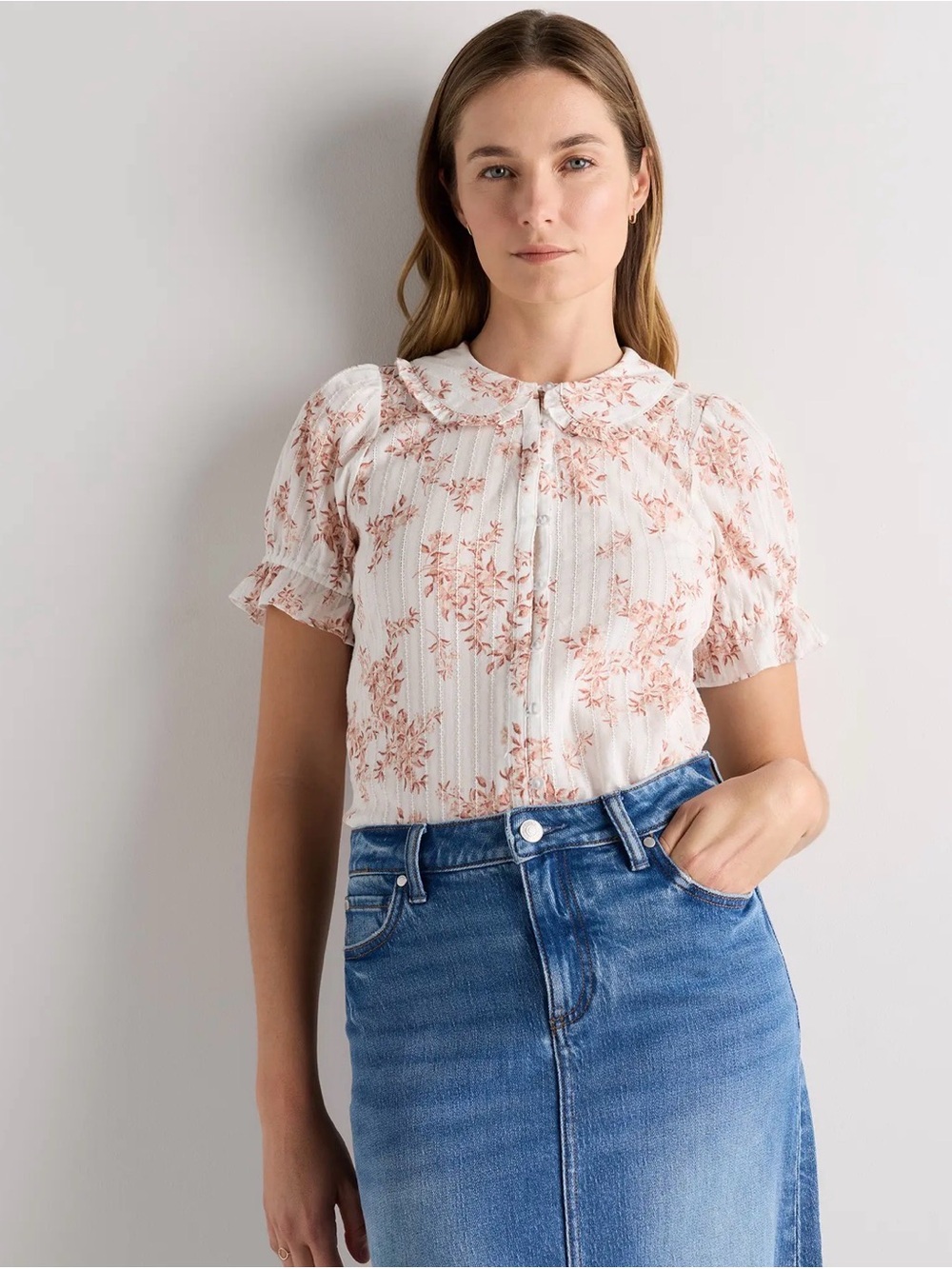 Embroidered Cotton Ruffle Collar Short Sleeve Blouse